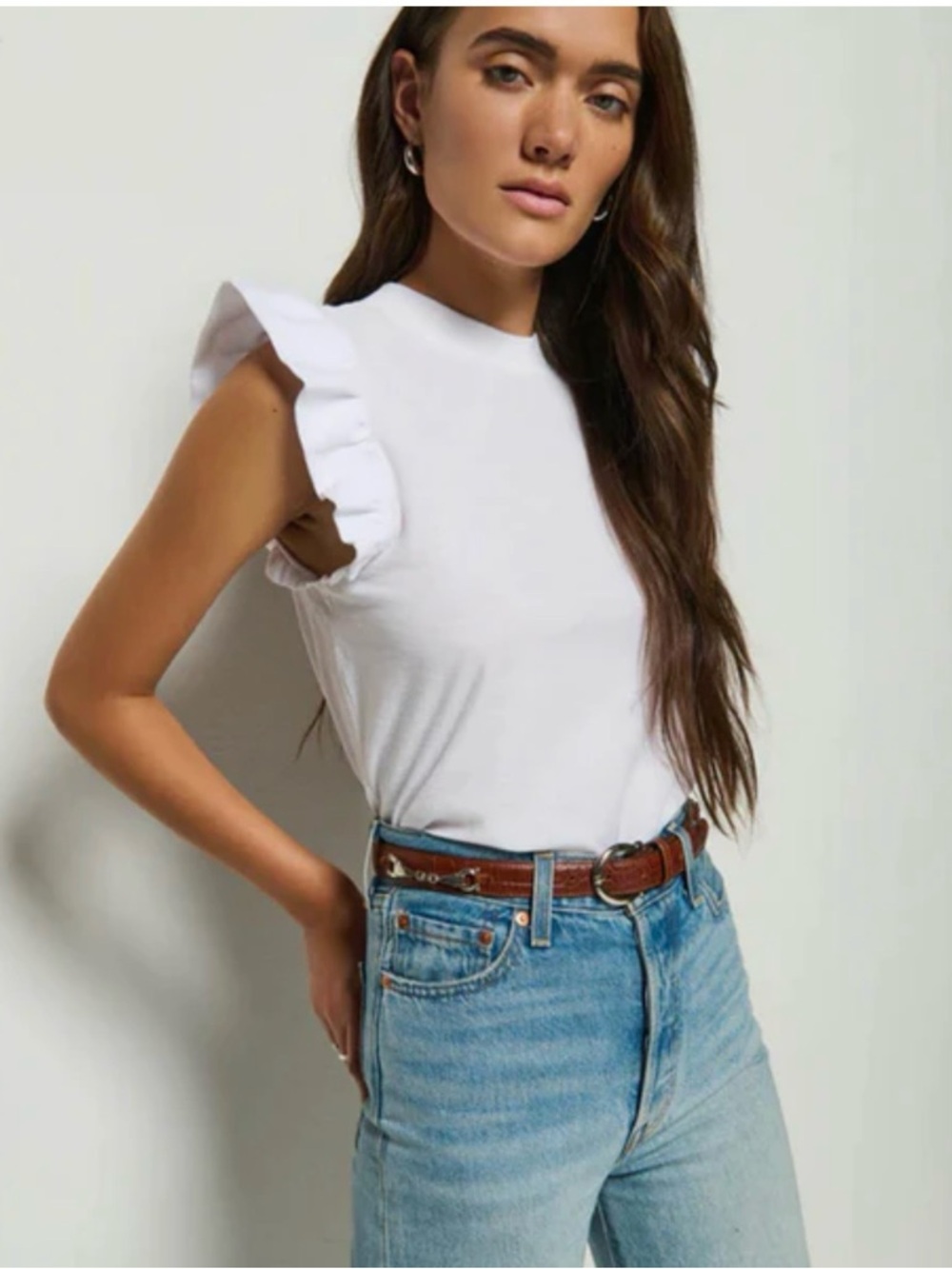 Zara White Ruffle-Sleeve Crewneck Tank